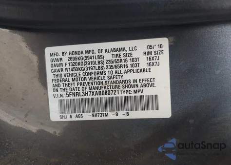 2010 Honda Odyssey Ex-L from USA, damaged, VIN 5FNRL3H7XAB080721